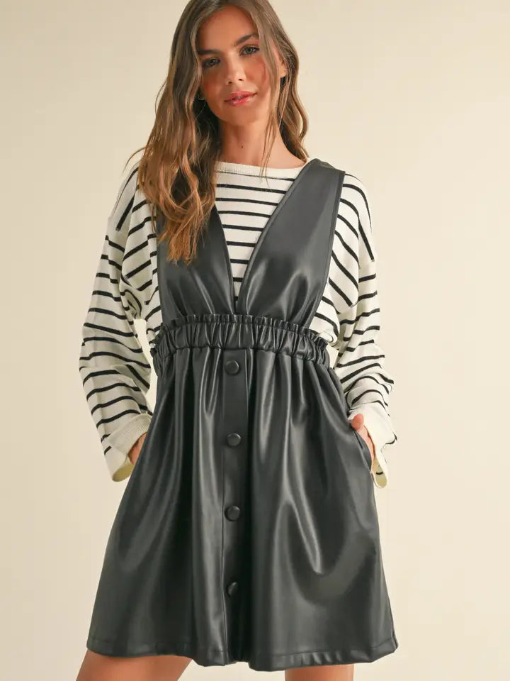 Faux Leather Button Front Dress