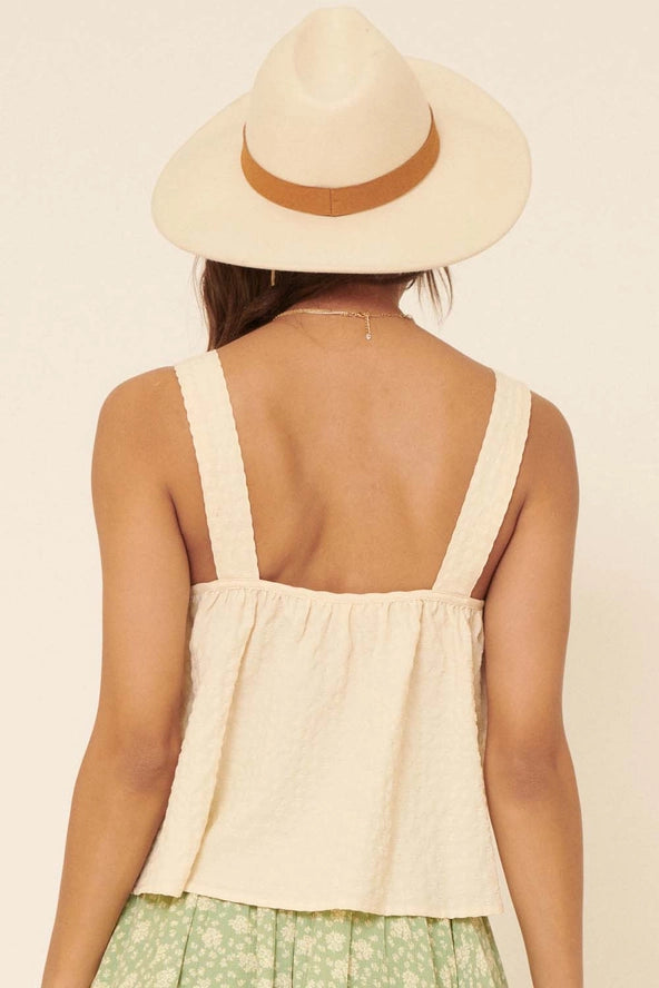 Plaid Square Neck Adjustable Strap Woven Top
