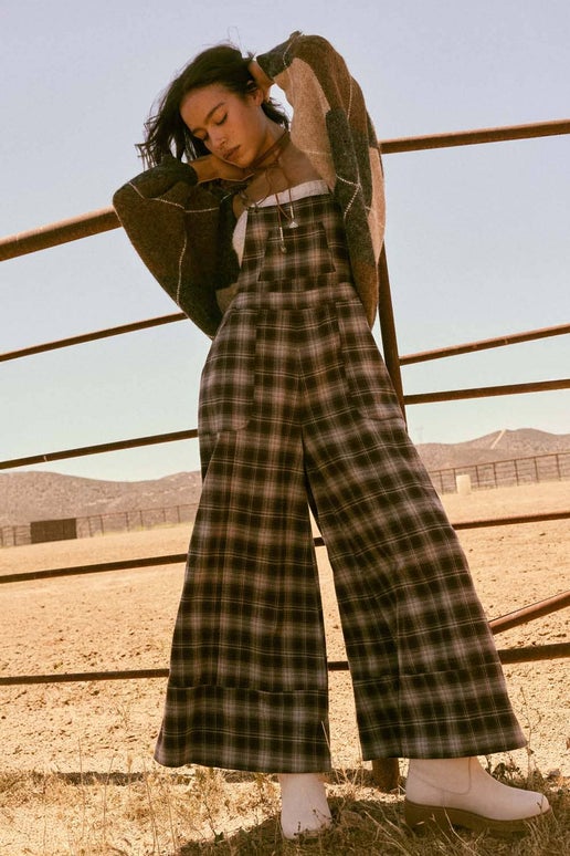 Plaid Flannel Wide Leg Overalls