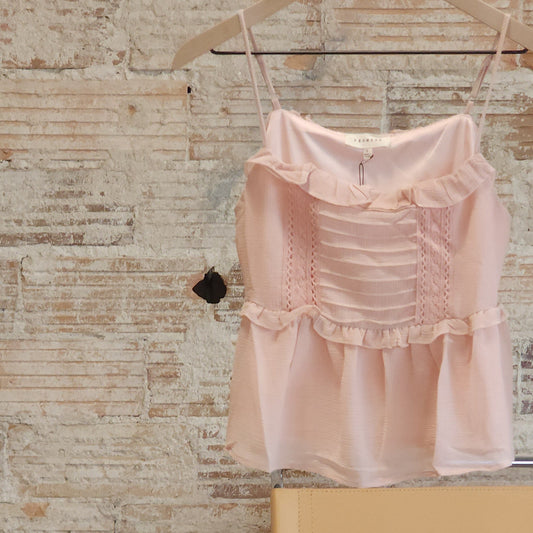 Woven Ruffled Lace Pleat Peplum Babydoll Cami Top