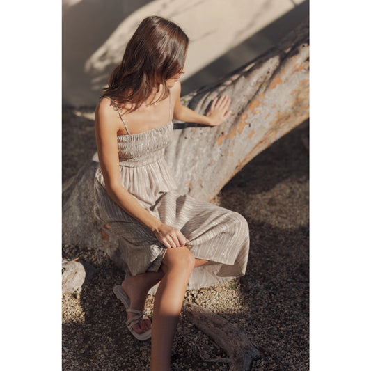 Taupe Smocked Detail Midi Dress
