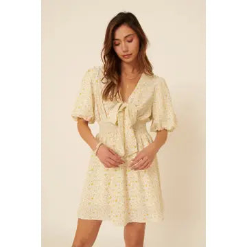 Floral V Neck Puff Sleeve Dress