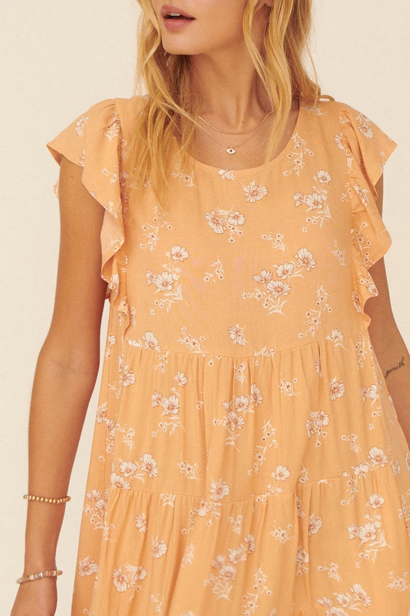 Floral Round Neck Ruffle Tiered Flare Dress
