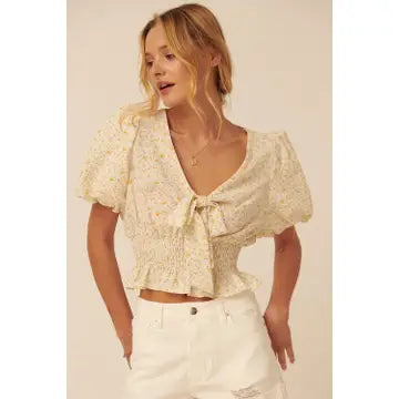 Floral V Neck Puff Sleeve Top