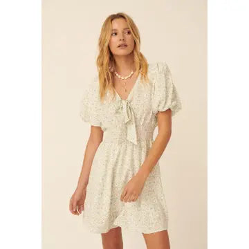 V Neck Floral Puff Sleeve Dress